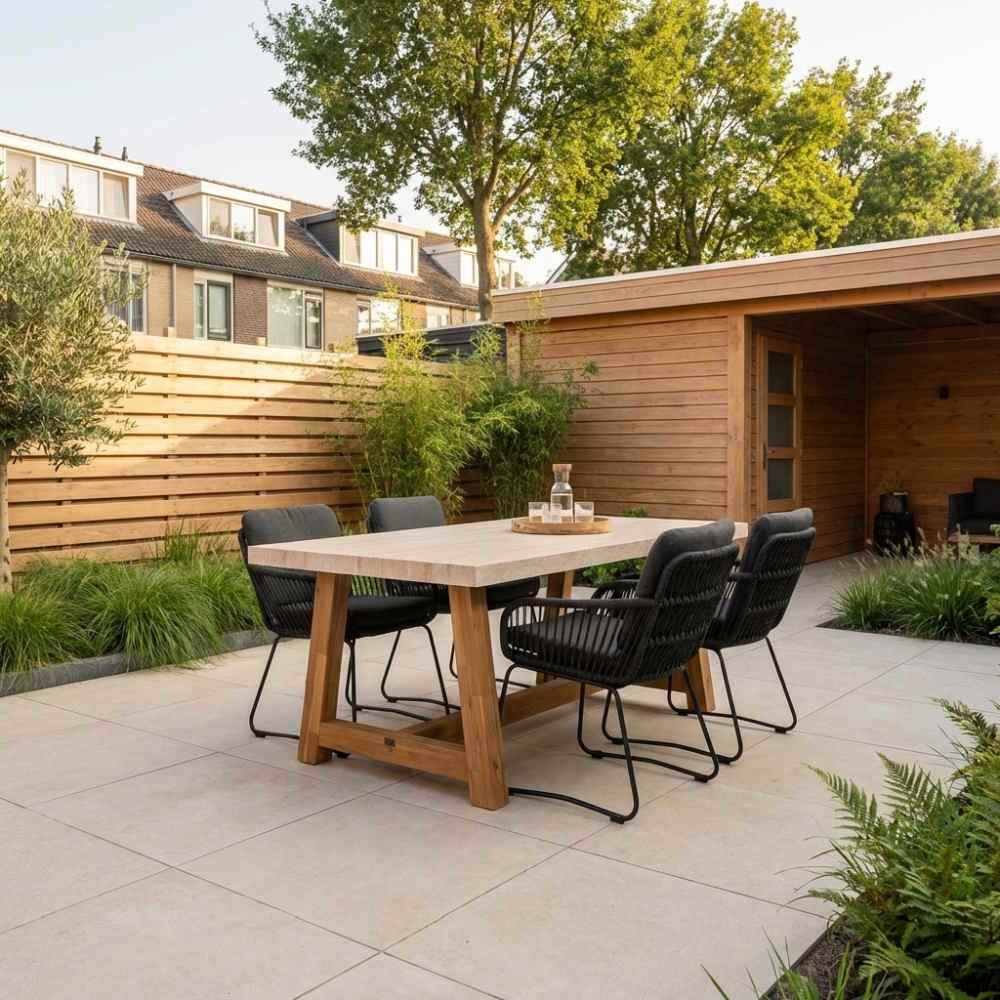 Velora/Harper Lava Grey dining tuinset | 4 personen | travertin + touw | 200cm