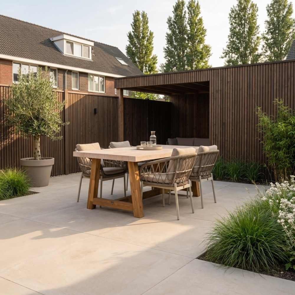 Velora/Dakota beige/wit dining tuinset | 4 personen | travertin + touw | 200cm