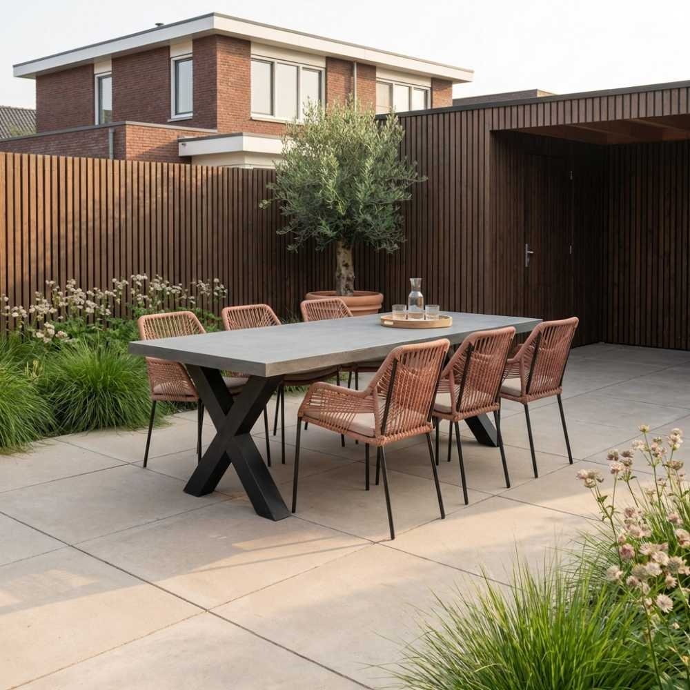 Lyon/Seville terra dining tuinset | 6 personen | betonlook + touw | 250cm