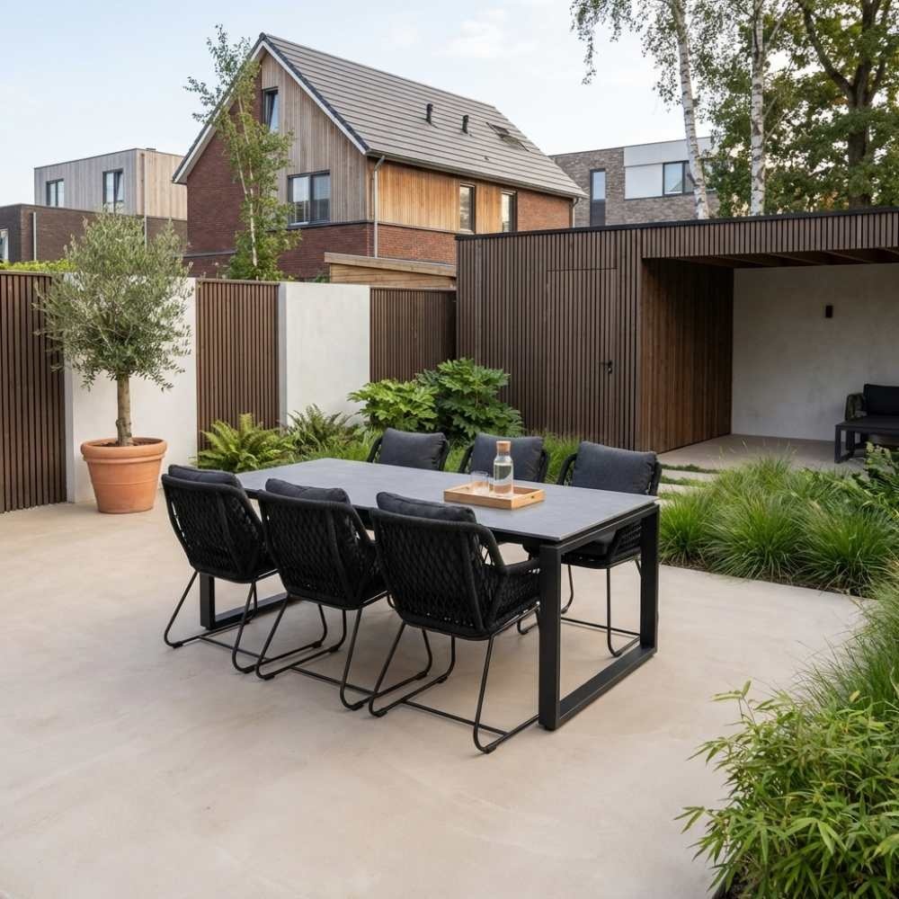 Helsinki Grey/Portofino zwart dining tuinset | 6 personen | polywood + touw | 210cm