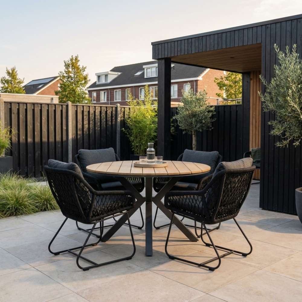 Cervo/Portofino zwart dining tuinset | 4 personen | polywood + touw | 120cm