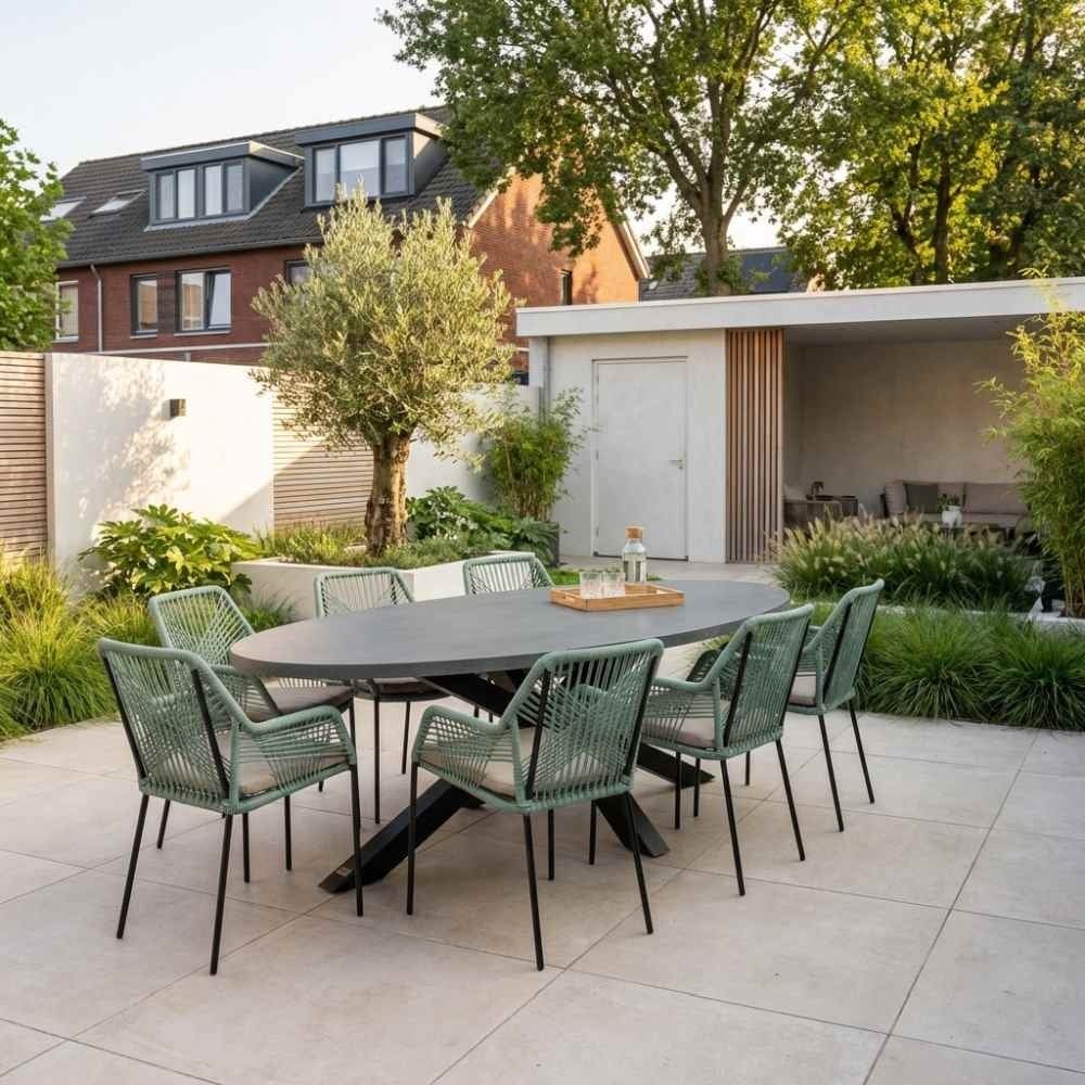 Stockholm/Seville mint dining tuinset | 6 personen | betonlook + touw | 240cm ovaal
