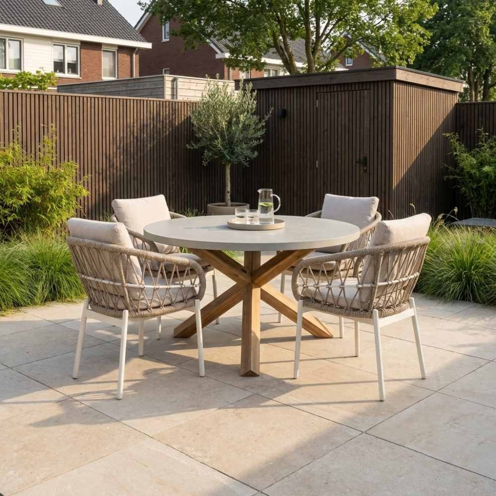 Nancy/Dakota beige/wit dining tuinset | 4 personen | betonlook + touw | 135cm rond