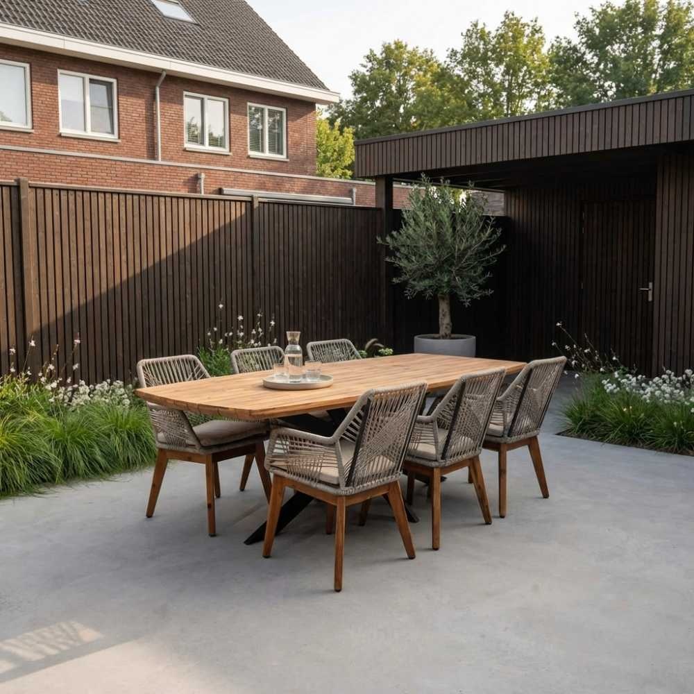 Salo/Seville hout zand dining tuinset | 6 personen | hardhout + touw | 240cm