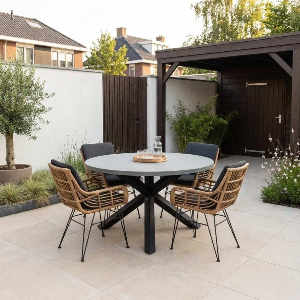 Meran/Carlos Antraciet dining tuinset | 4 personen | betonlook + wicker | 135cm rond
