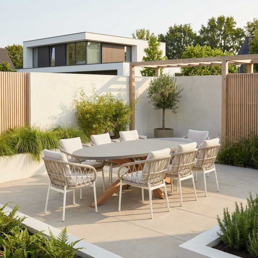 Livorno/Dakota beige/wit dining tuinset | 8 personen | betonlook + touw | 280cm ovaal