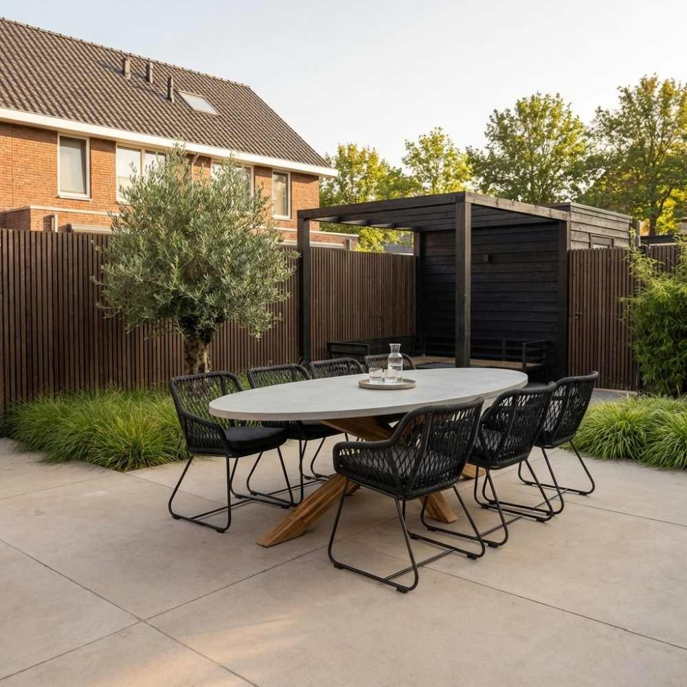 Livorno/Portofino zwart dining tuinset | 8 personen | betonlook + touw | 280cm