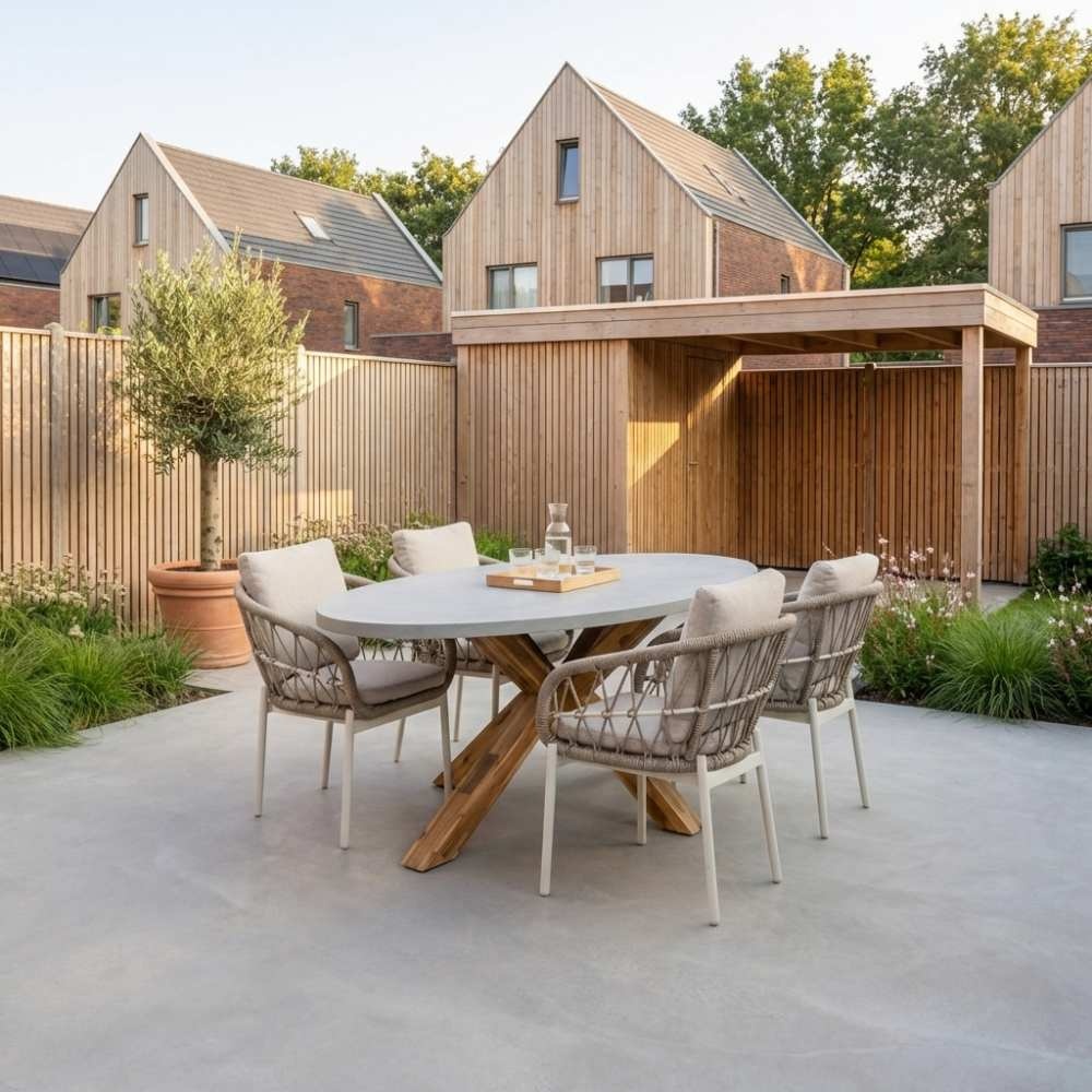 Livorno/Dakota beige/wit dining tuinset | 4 personen | betonlook + touw | 200cm ovaal