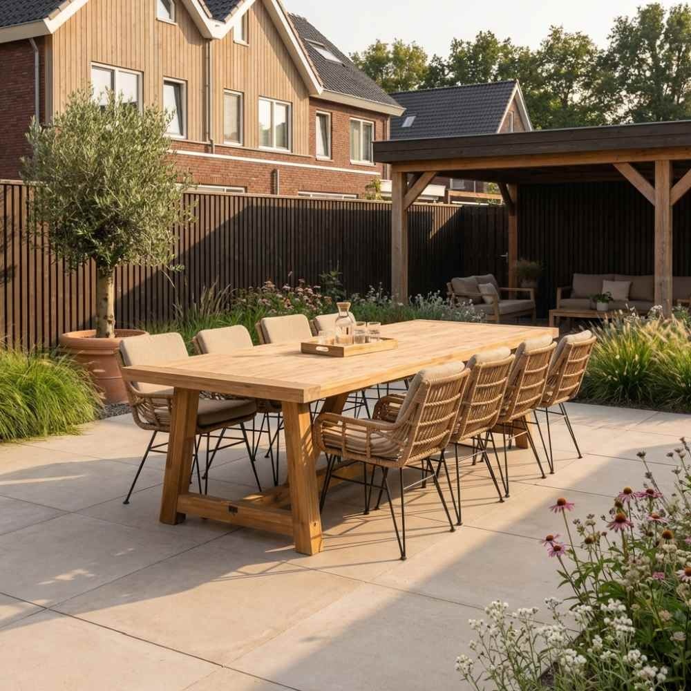 Velora/Carlos taupe dining tuinset | 8 personen | travertin + wicker | 300cm