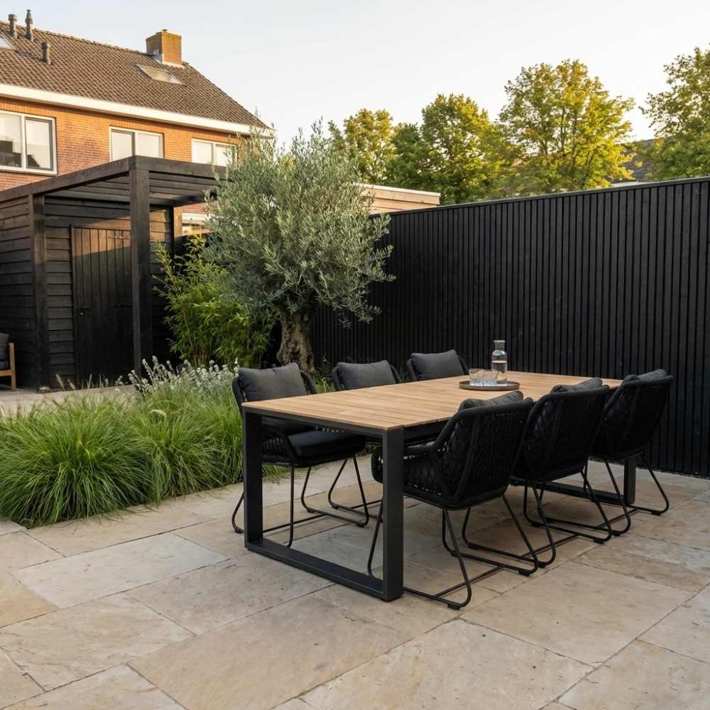 Atlanta/Portofino zwart dining tuinset | 6 personen | teakhout + touw | 218cm