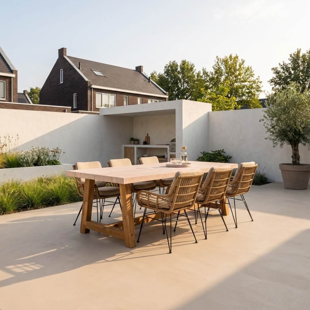 Velora/Carlos taupe dining tuinset | 4 personen | travertin + wicker | 200cm