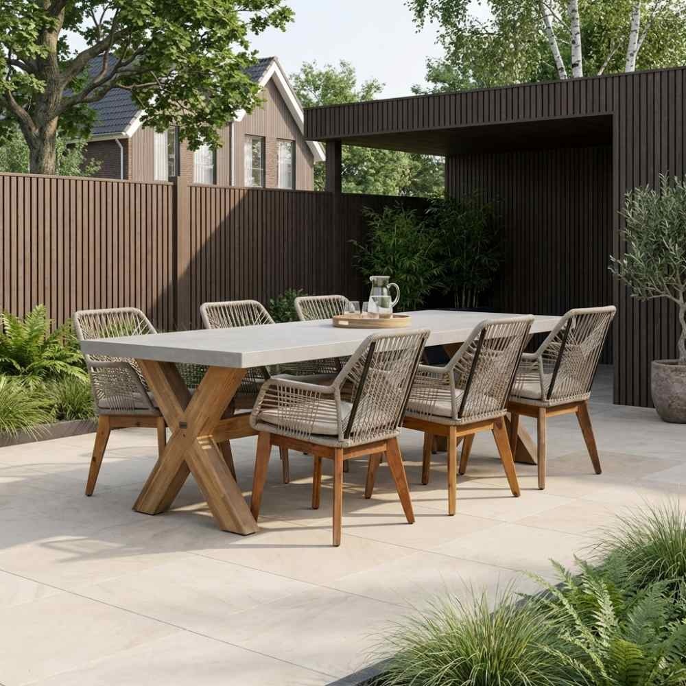 Norwich/Seville zand hout dining tuinset | 6 personen | betonlook + touw | 250cm