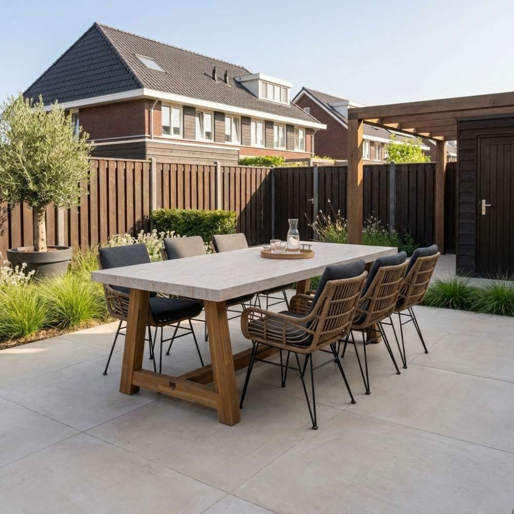 Velora/Carlos antraciet dining tuinset | 6 personen | travertin + wicker | 250cm