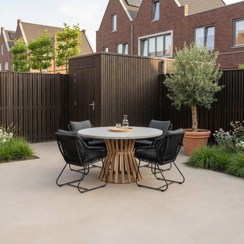 Elzas/Portofino zwart dining tuinset | 4 personen | betonlook + touw | 135cm rond
