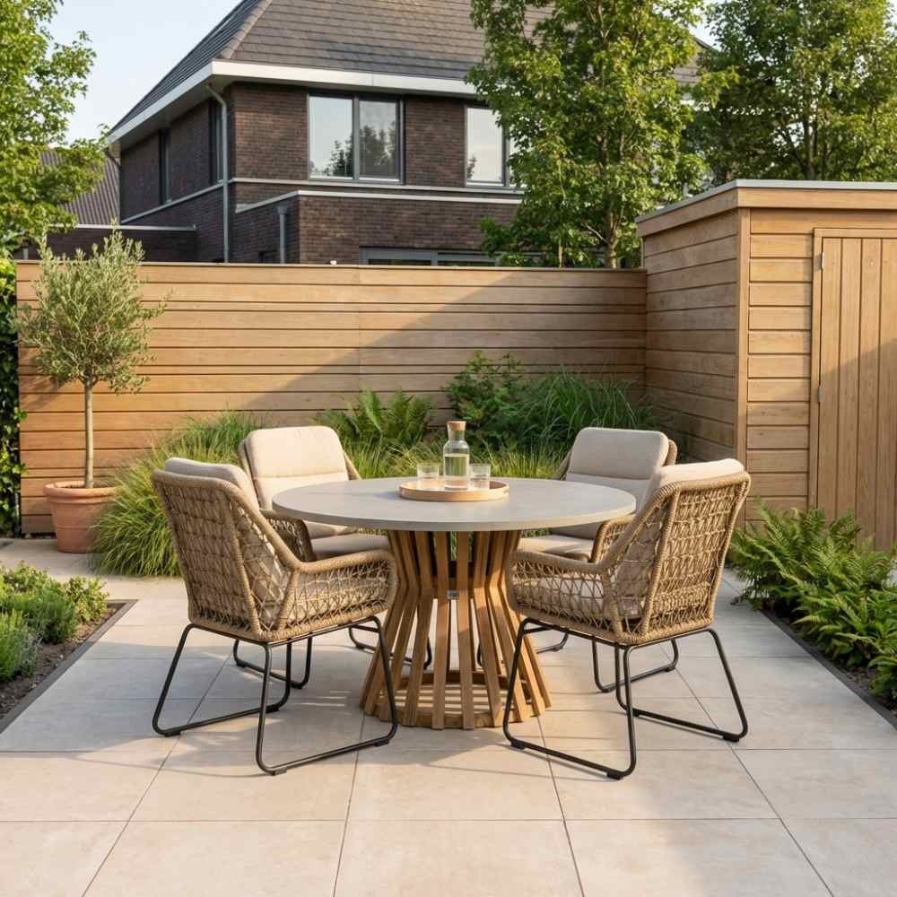 Elzas/Valencia Sahara Dust dining tuinset | 4 personen | betonlook + touw | 135cm rond