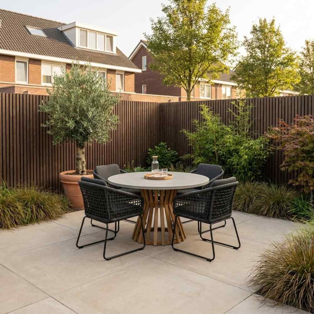 Elzas/Tulum Lava Grey dining tuinset | 4 personen | betonlook + touw | 135cm rond