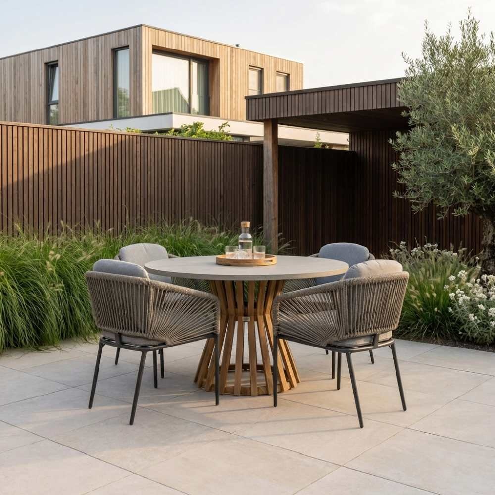 Elzas/Savanna dining tuinset | 4 personen | betonlook + aluminium | 135cm rond