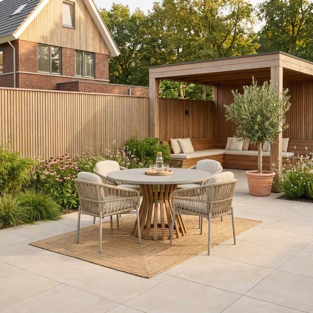 Elzas/Rico zand dining tuinset | 4 personen | betonlook + aluminium | 135cm rond