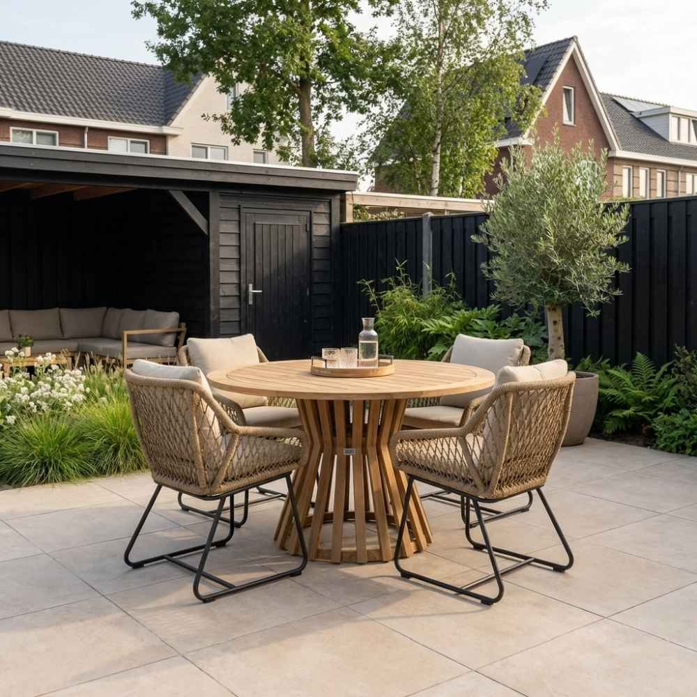 Elzas/Portofino Sahara Dust dining tuinset | 4 personen | betonlook + touw | 135cm rond