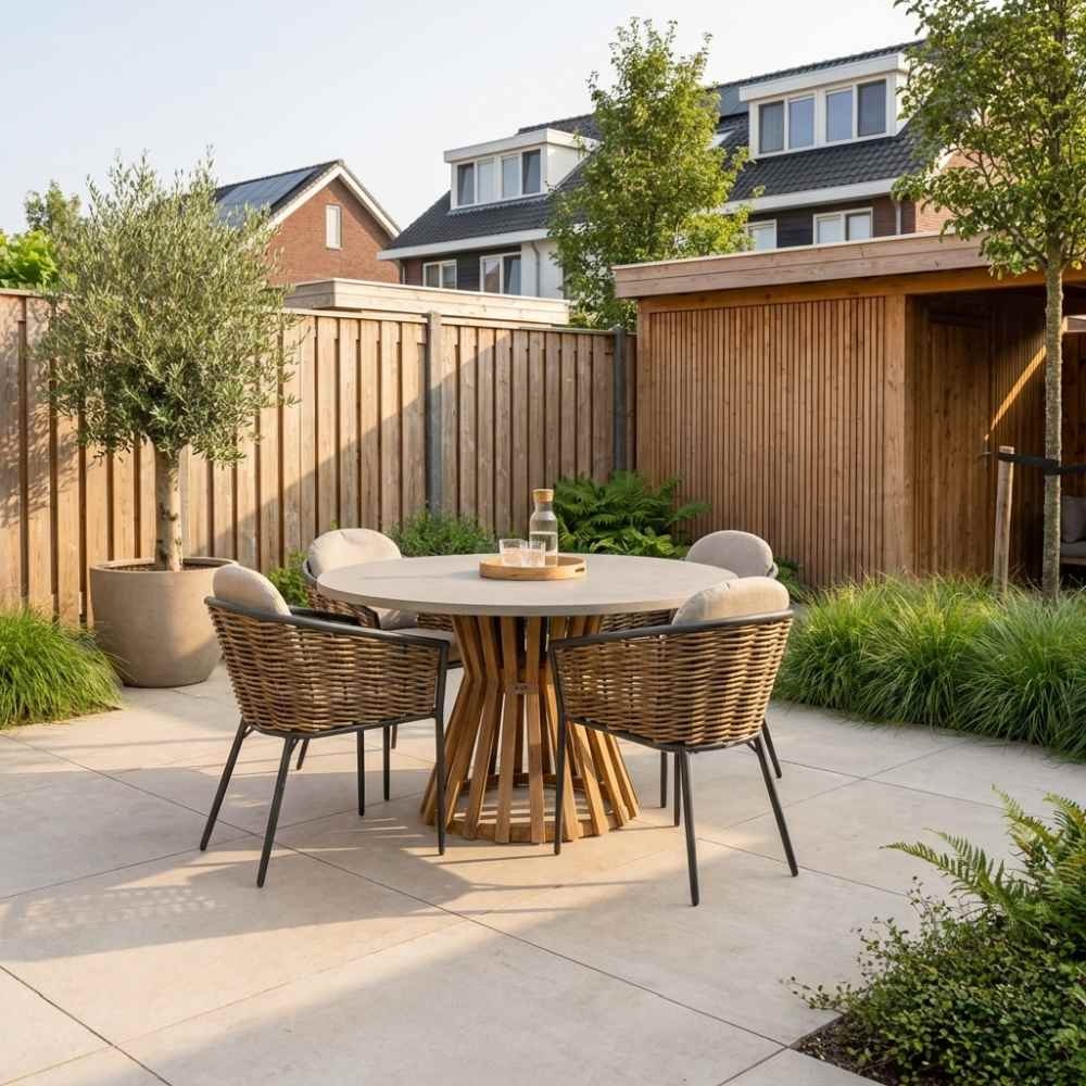 Elzas/Lucca dining tuinset | 4 personen | betonlook + wicker | 135cm rond