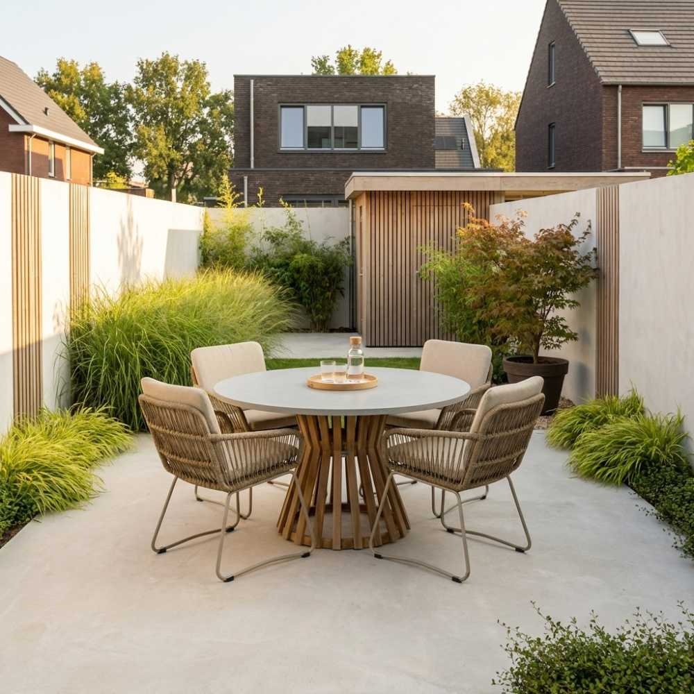 Elzas/Harper Sandstone dining tuinset | 4 personen | betonlook + touw | 135cm rond