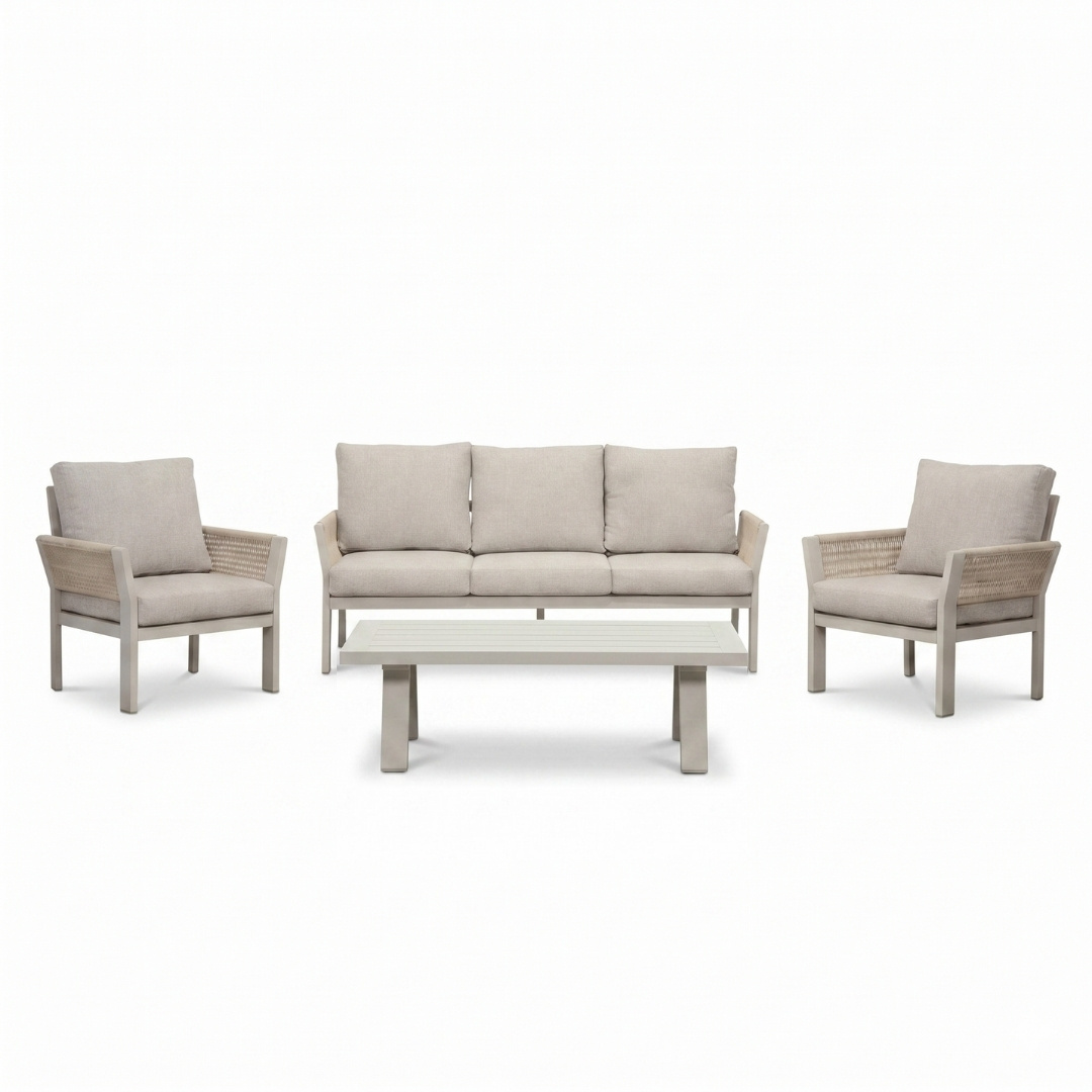 Venezia stoel-bank loungeset 5 personen incl. tafel | aluminium + touw | beige | 4-delig
