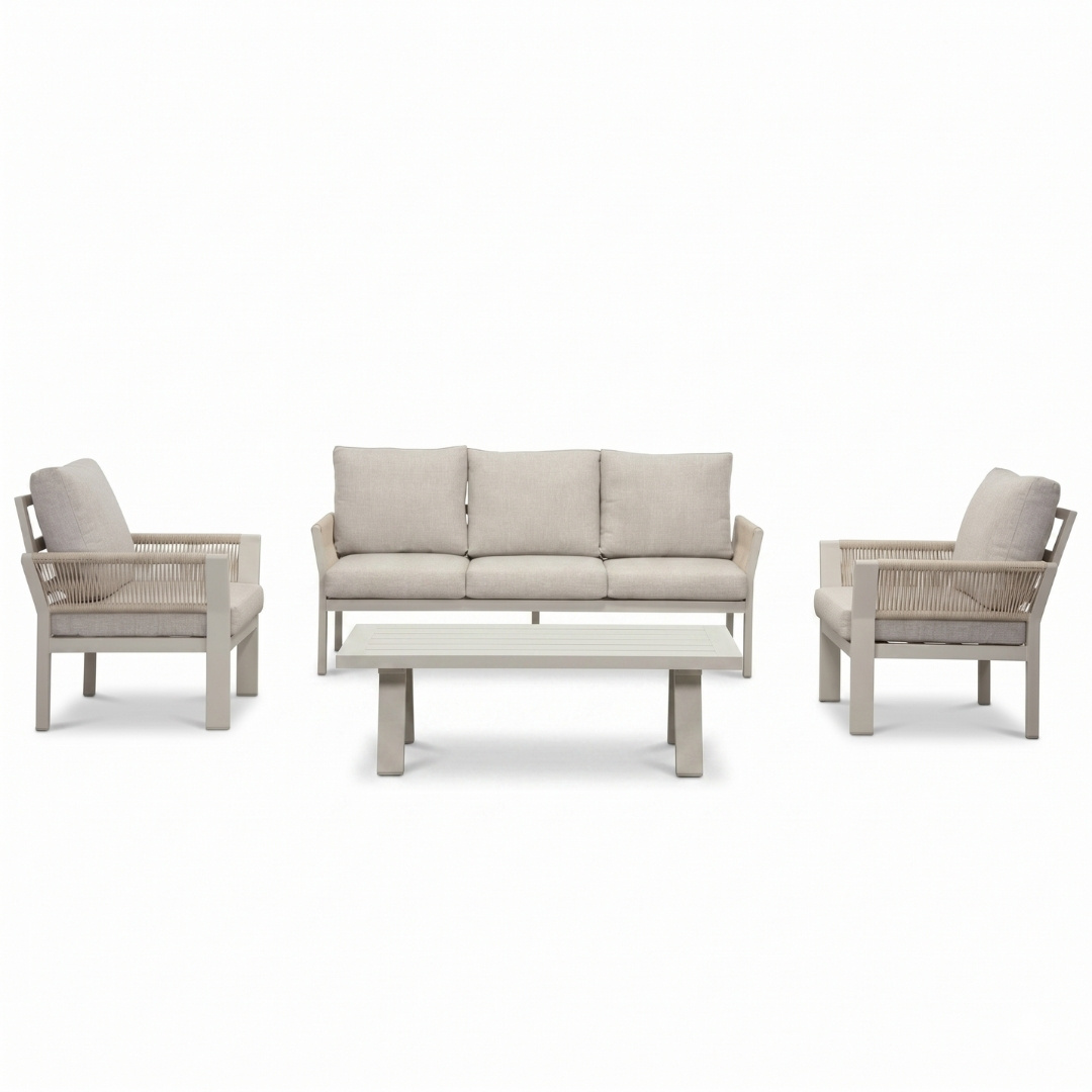 Venezia stoel-bank loungeset 5 personen incl. tafel | aluminium + touw | beige | 4-delig