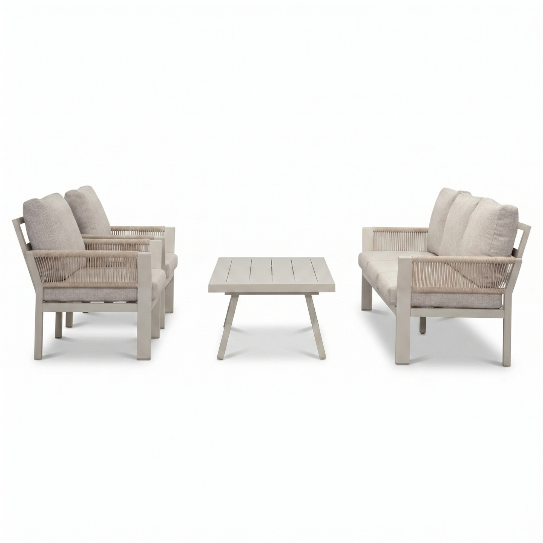 Venezia stoel-bank loungeset 5 personen incl. tafel | aluminium + touw | beige | 4-delig