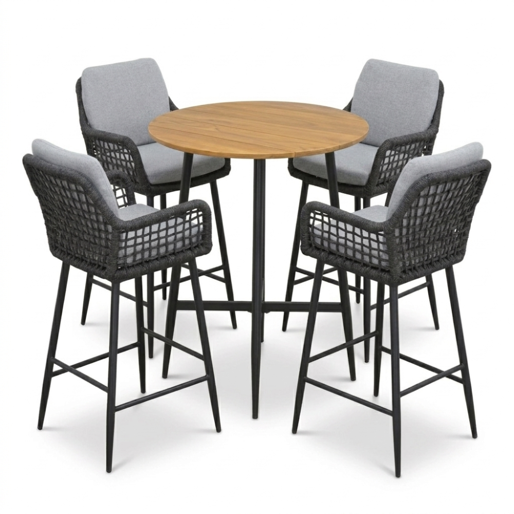 Valencia Stone Grey dining barset | 4 personen | teakhout + touw | 90cm