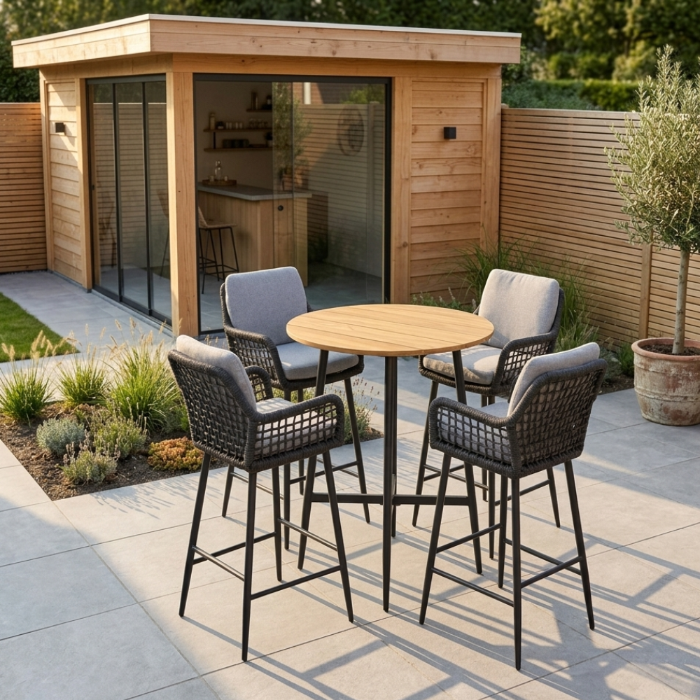 Valencia Stone Grey dining barset | 4 personen | teakhout + touw | 90cm
