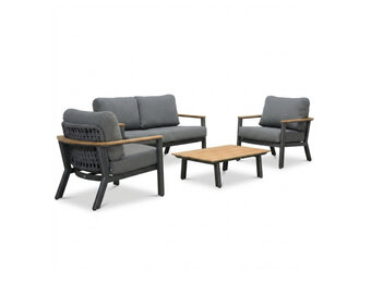 Montana stoel-bank loungeset 4 personen incl. tafel | aluminium + teak | antraciet | 4-delig