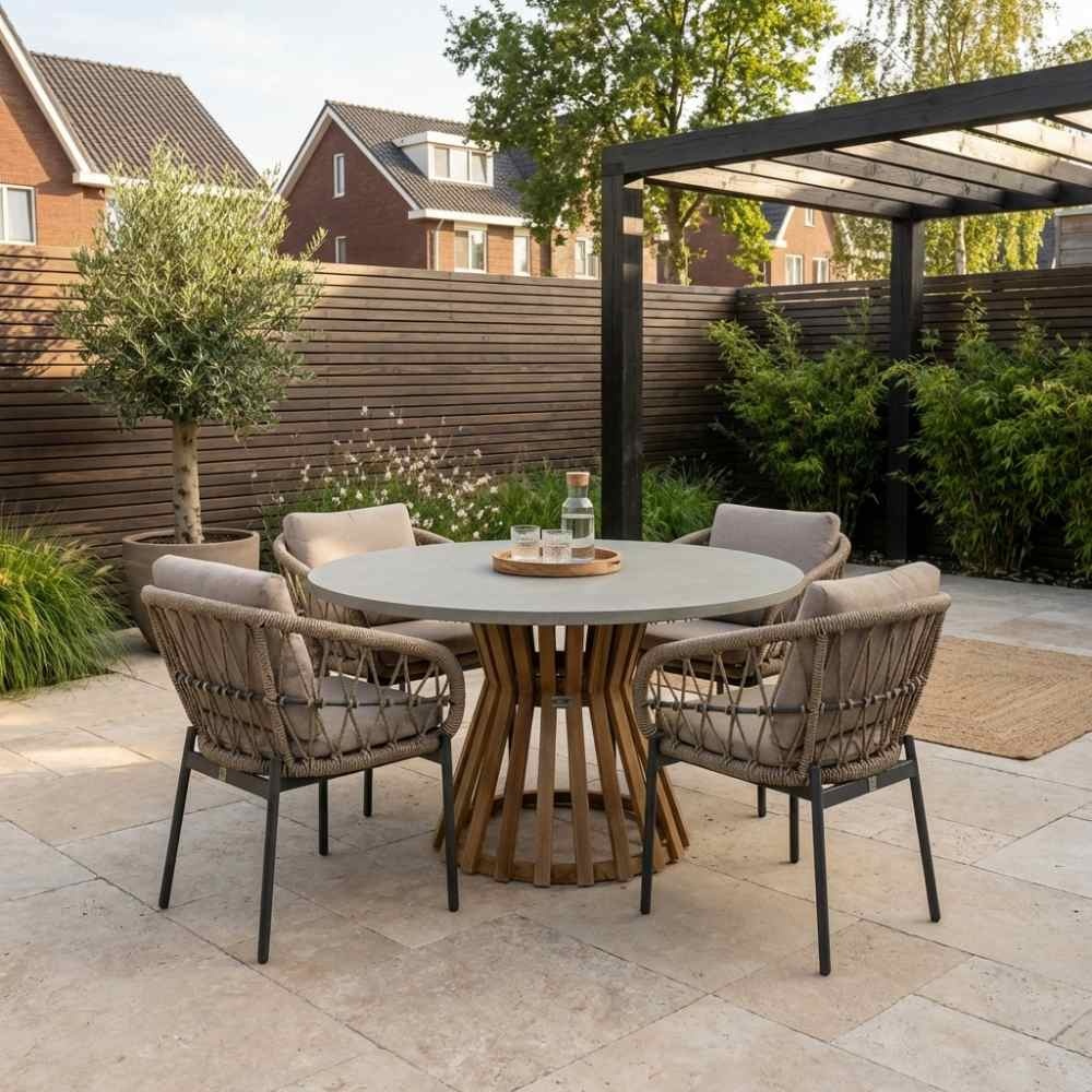 Elzas/Dakota beige/antraciet dining tuinset | 4 personen | betonlook + touw | 135cm rond