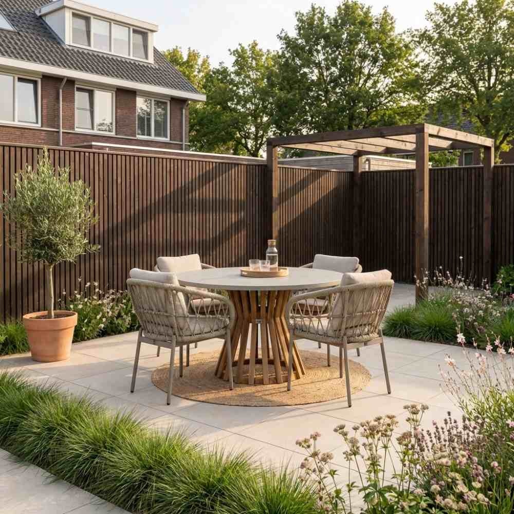 Elzas/Dakota beige dining tuinset | 4 personen | betonlook + touw | 135cm rond