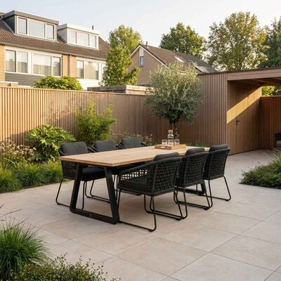 Elena/Tulum Lava Grey dining tuinset | 6 personen | teakhout + touw | 240cm