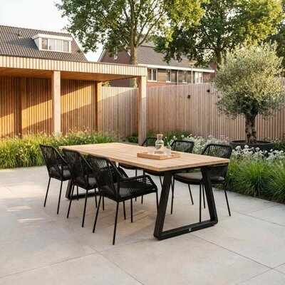 Elena/Seville zwart dining tuinset | 6 personen | teakhout + touw | 240cm