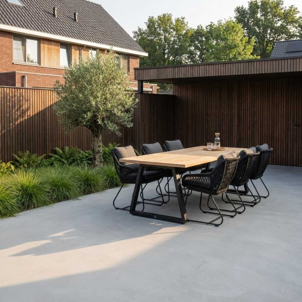 Elena/Portofino zwart dining tuinset | 6 personen | teakhout + touw | 240cm