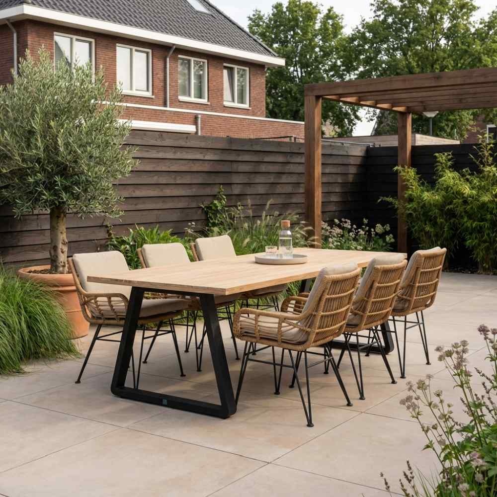 Elena/Carlos taupe dining tuinset | 6 personen | teakhout + wicker | 240cm