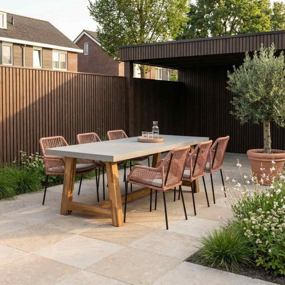Veltis/Seville terra dining tuinset | 6 personen | betonlook + touw | 250cm