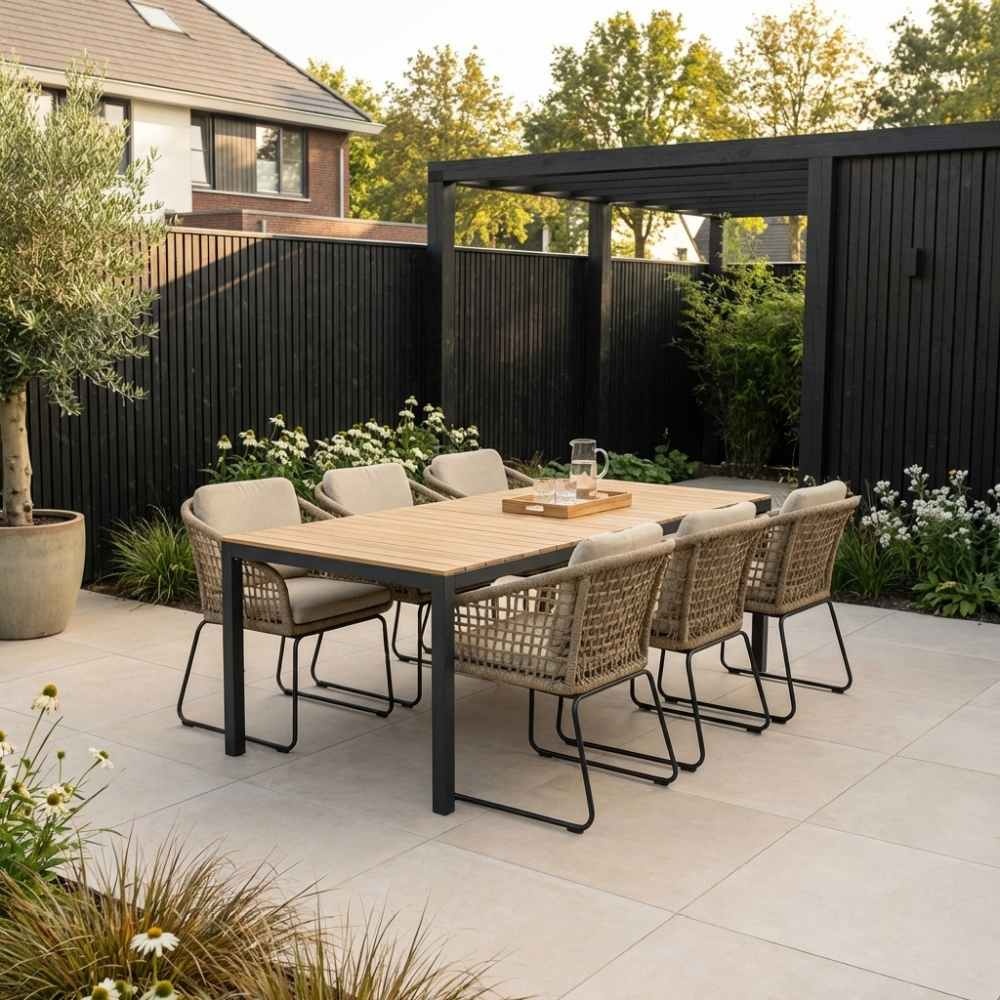 LUX outdoor living Delta/Tulum Sahara Dust dining tuinset | 6 personen | teakhout + touw | 220cm – Zand