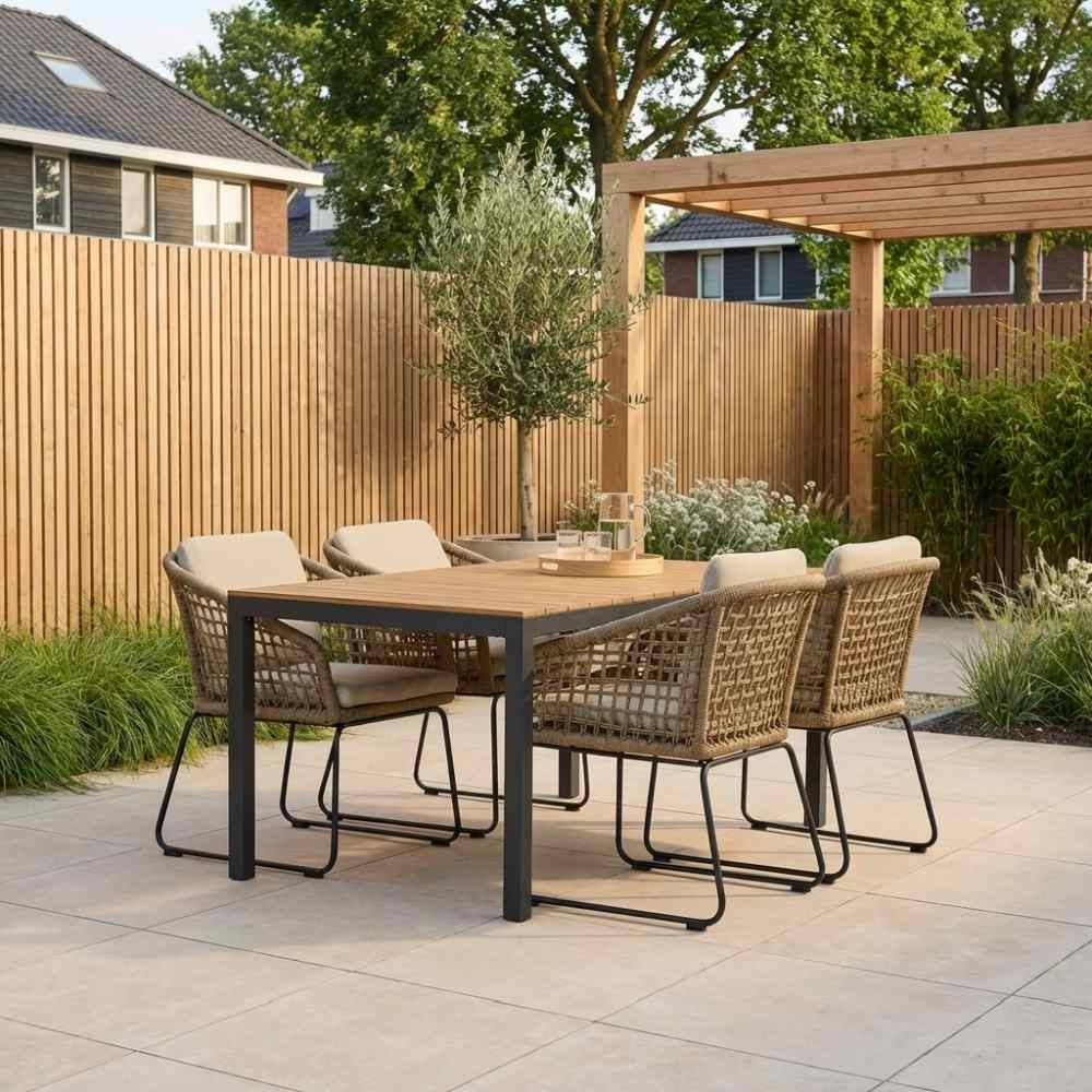 LUX outdoor living Delta/Tulum Sahara Dust dining tuinset | 4 personen | teakhout + touw | 160cm – Zand