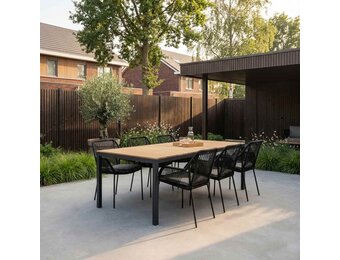 Delta/Seville zwart dining tuinset | 6 personen | teakhout + touw | 220cm