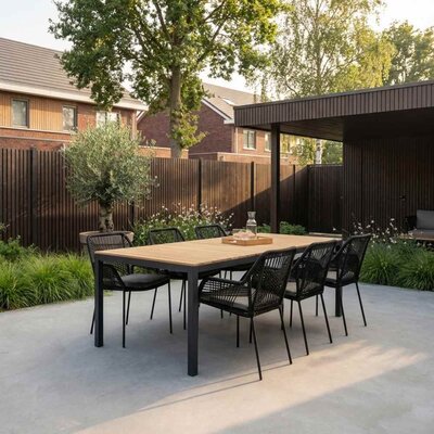 Delta/Seville zwart dining tuinset | 6 personen | teakhout + touw | 220cm