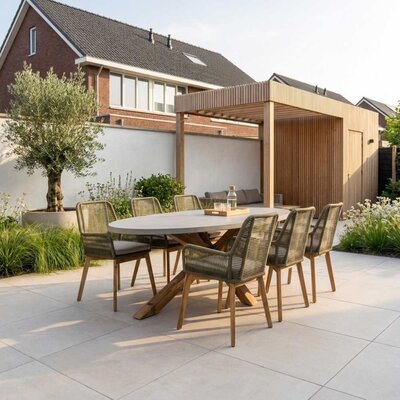 Livorno/Padua dining tuinset | 6 personen | betonlook + touw | 240cm