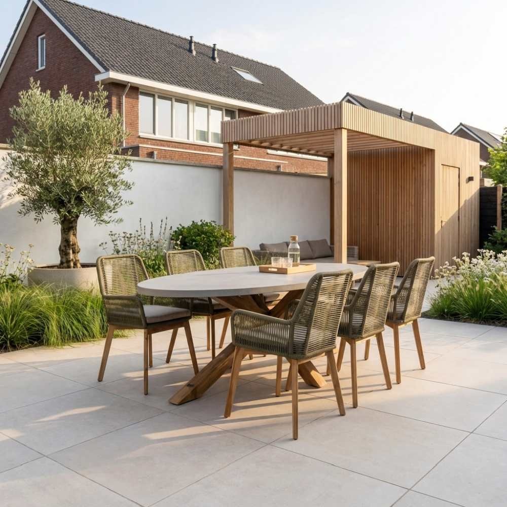 Livorno/Padua dining tuinset | 6 personen | betonlook + touw | 240cm