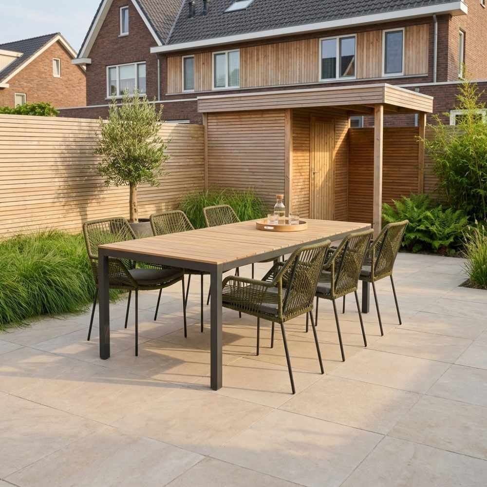 Delta/Seville olijfgroen dining tuinset | 6 personen | teakhout + aluminium | 220cm