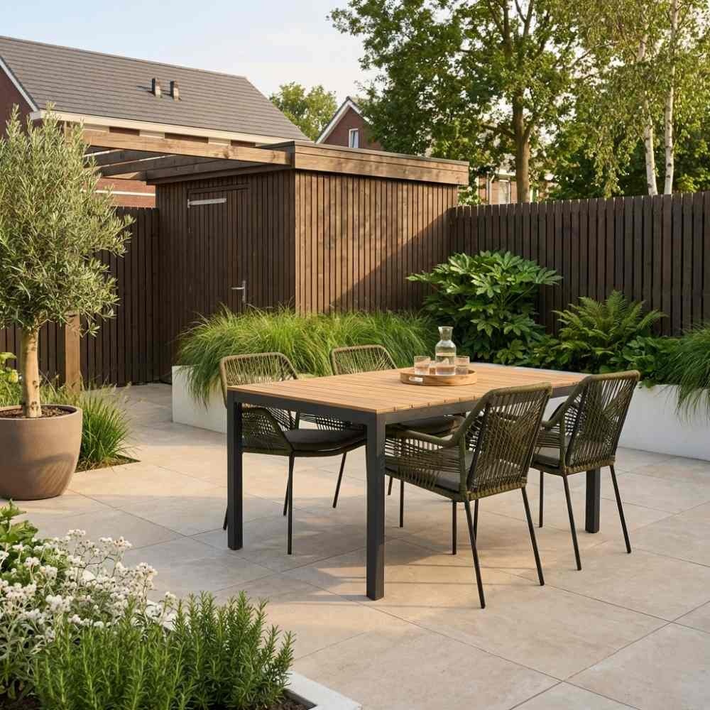 Delta/Seville olijfgroen dining tuinset | 4 personen | teakhout + aluminium | 160cm