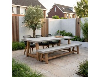 Veltis/Seville zwart hout stoel-bank dining tuinset | 6 personen | betonlook + touw | 250cm