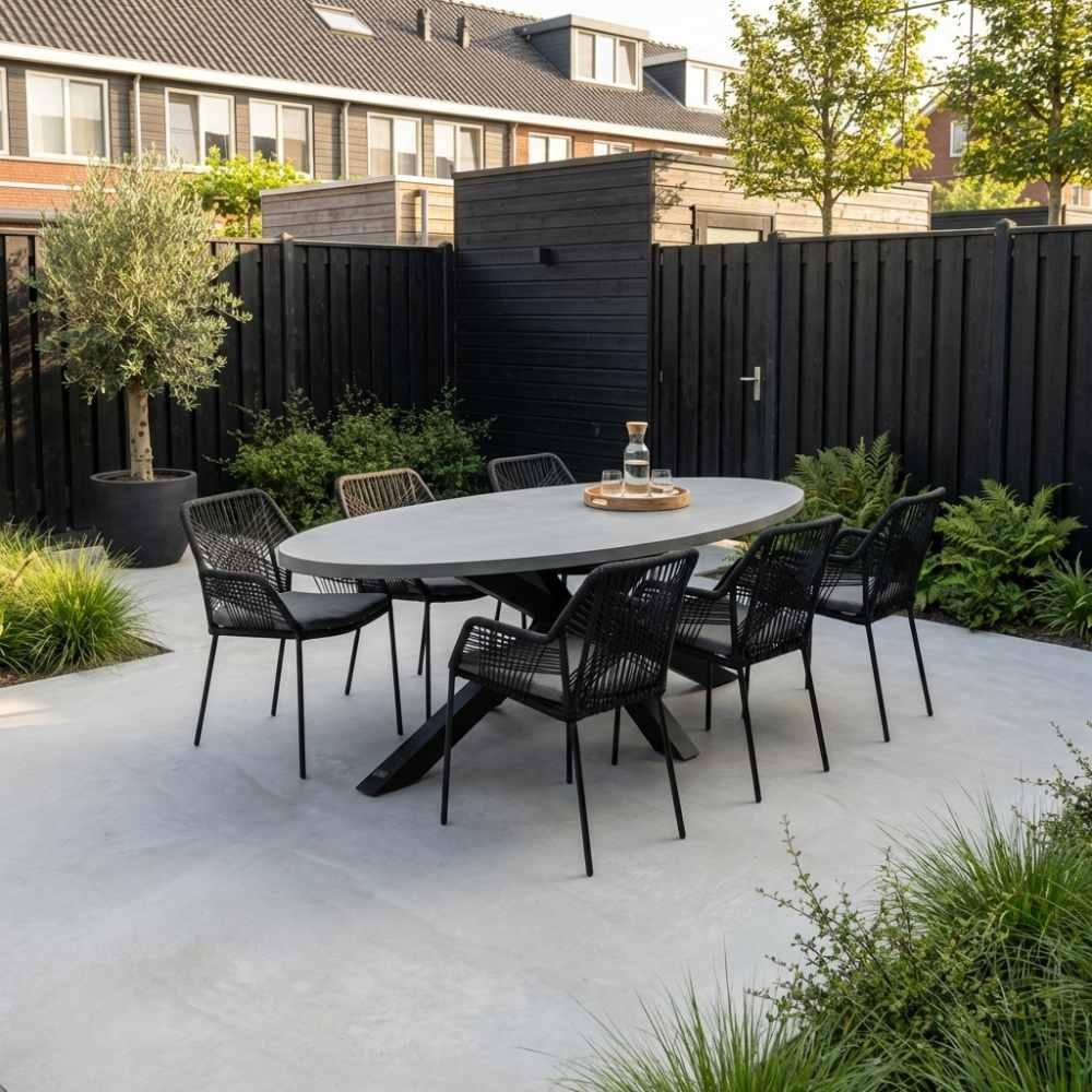 Stockholm/Seville zwart dining tuinset | 6 personen | betonlook + touw | 240cm ovaal