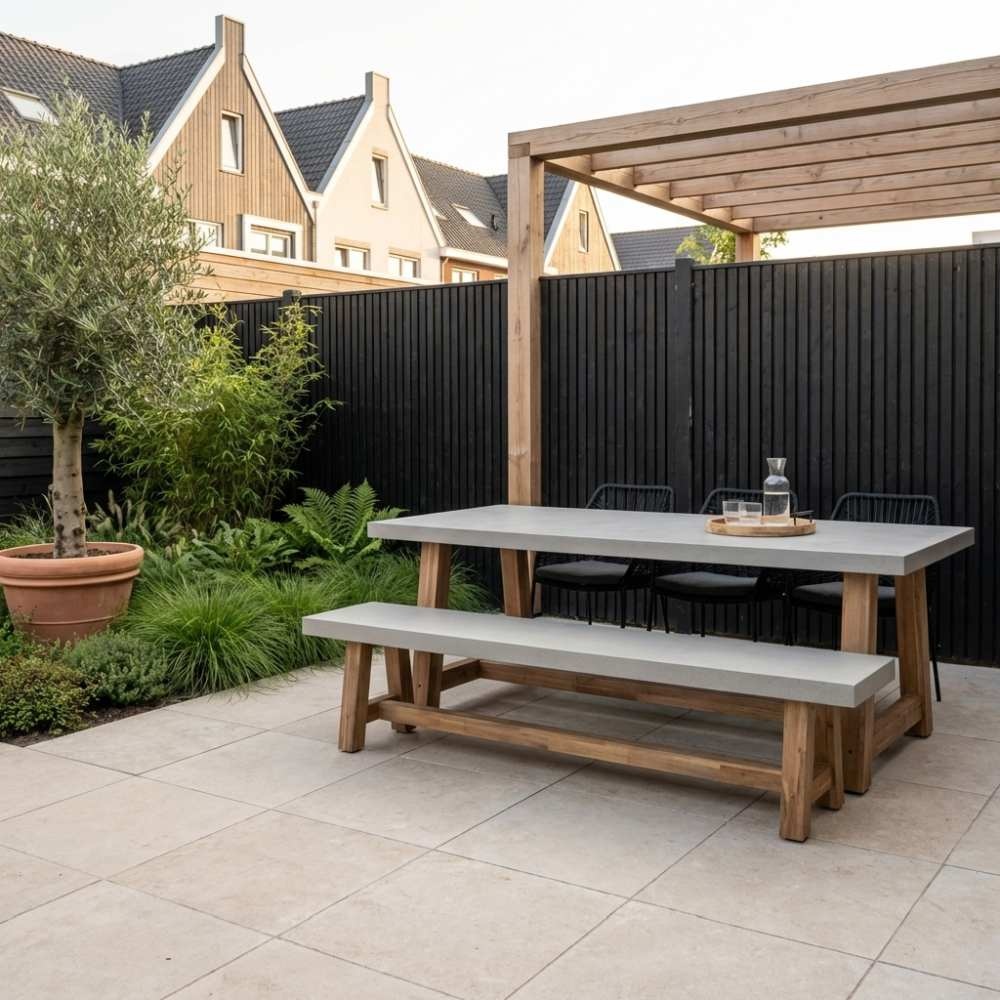 Veltis/Seville zwart stoel-bank dining tuinset | 6 personen | betonlook | 250cm