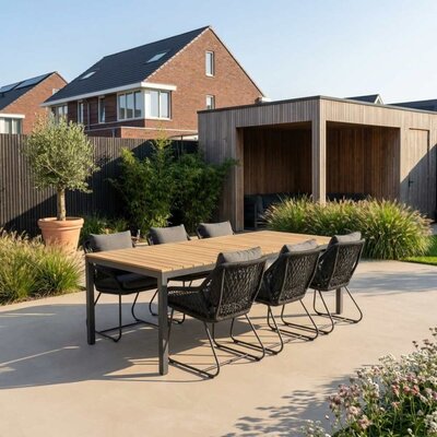 Delta/Portofino zwart dining tuinset | 6 personen | teakhout + touw | 220cm